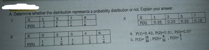 A. Determine whether the distribution represents a probability distribution or not. Explain your answer.
5.
7.
8.
3
3
5.
7.
1
P(X)
P(X)
0.35
0.25
0.22
0.12
2.
3.
4
4. P(1)=0.42, P(2)=0.31, P(3)=0.37
5. P(1)=, P(2)= , P(3)=
1
12
P(X)
3.
6,
1/5
116
114
O
