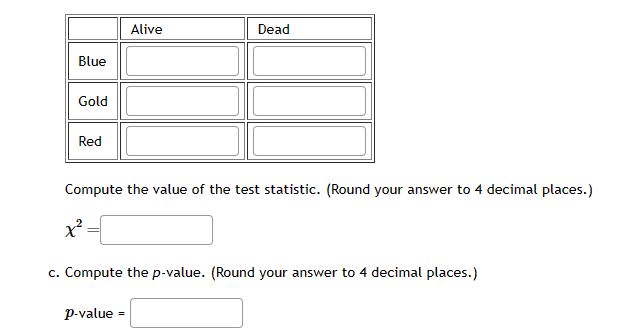 ---

### Chi-Square Test for Independence

#### Contingency Table

|         | Alive | Dead |
|---------|-------|------|
| Blue    |       |      |
| Gold    |       |      |
| Red     |       |      |

#### Instructions

1. **Compute the Value of the Test Statistic:**
   - Calculate the chi-square (χ²) value to 4 decimal places.
   
     \[
     \chi² = \_\_\_\_
     \]

2. **Compute the p-value:**
   - Determine the p-value corresponding to the computed chi-square value. Round your answer to 4 decimal places.
   
     \[
     p\text{-value} = \_\_\_\_
     \]

---