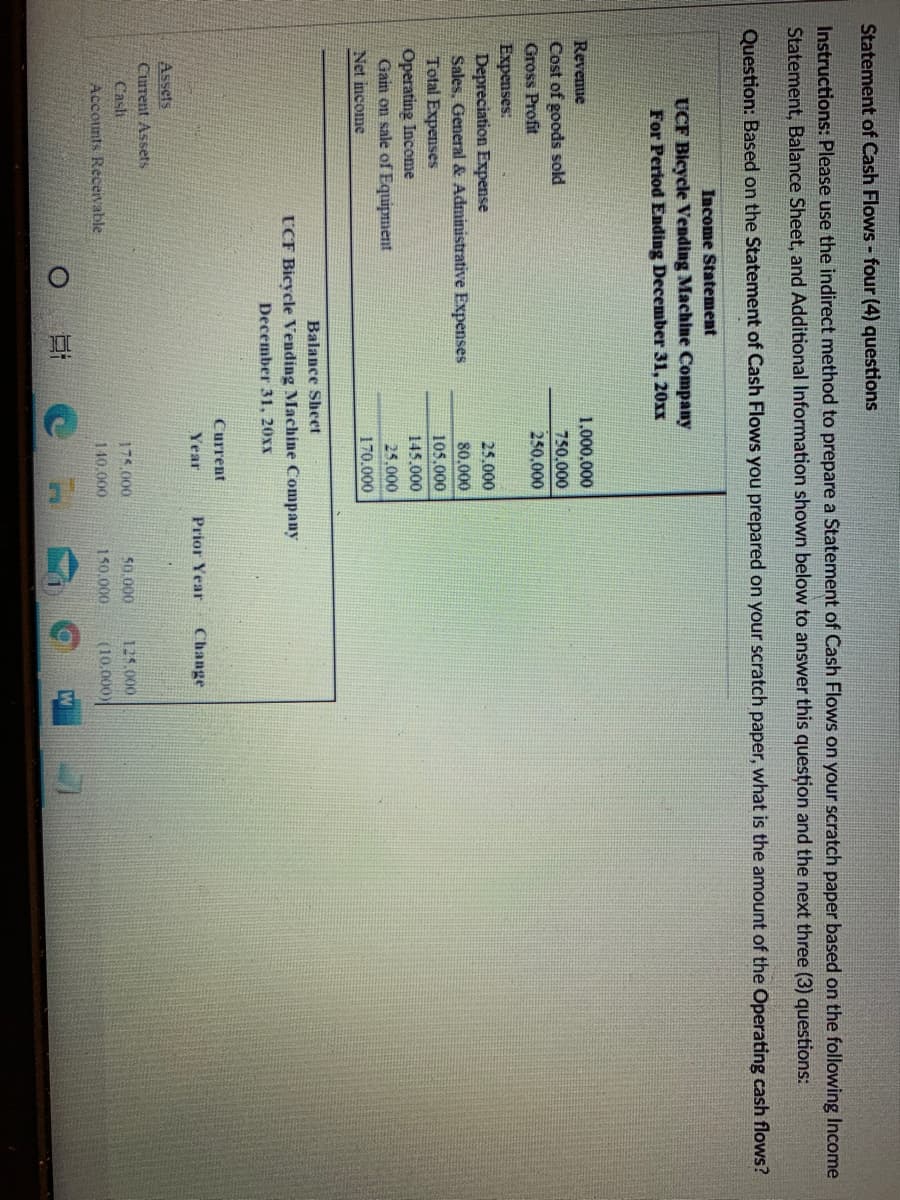 Statement of Cash Flows - four (4) questions
Instructions: Please use the indirect method to prepare a Statement of Cash Flows on your scratch paper based on the following Income
Statement, Balance Sheet, and Additional Information shown below to answer this question and the next three (3) questions:
Question: Based on the Statement of Cash Flows you prepared on your scratch paper, what is the amount of the Operating cash flows?
Income Statement
UCF Bicycle Vending Machine Company
For Period Ending December 31, 20xx
Revenue
1,000,000
Cost of goods sold
750,000
Gross Profit
250,000
Expenses:
Depreciation Expense
Sales, General & Administrative Expenses
Total Expenses
25.000
80,000
105,000
145.000
Operating Income
Gain on sale of Equipment
25,000
Net income
170.000
Balance Sheet
UCF Bicycle Vending Machine Company
December 31, 20xx
Current
Year
Prior Year
Change
Assets
Current Assets
Casli
175.000
50.000
125.000
Accounts Receivable
140.000
150.000
(10.000)
W
