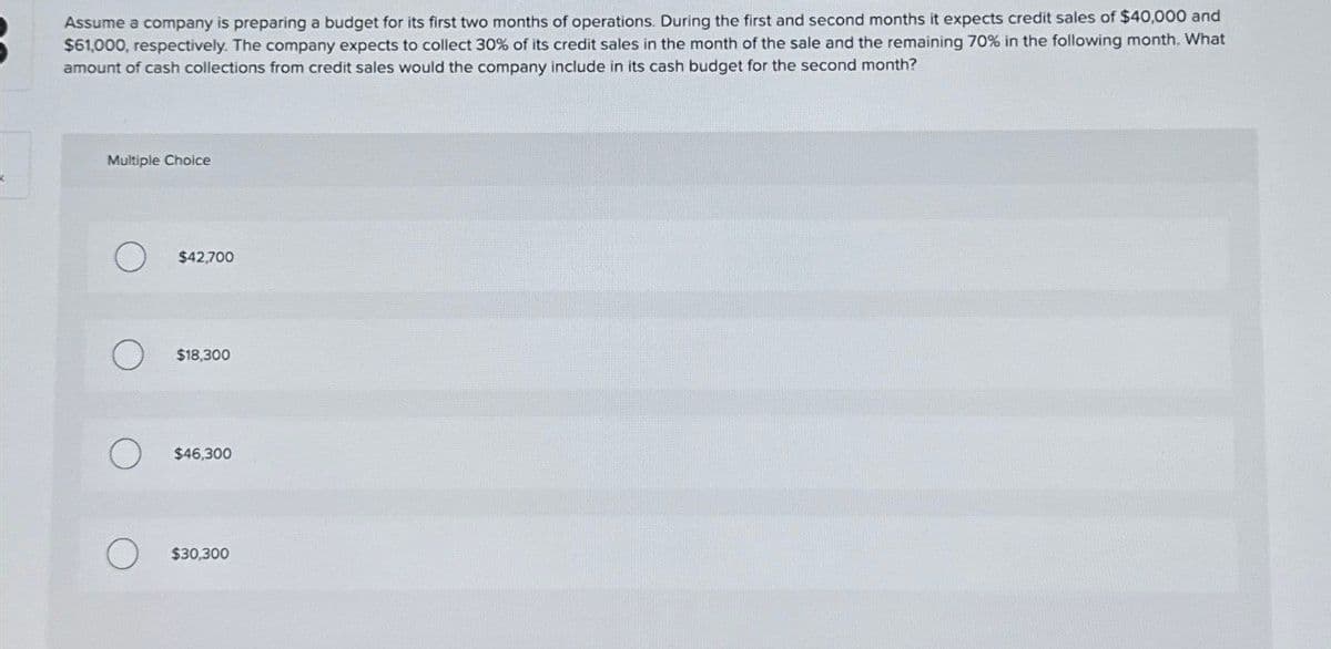 Assume a company is preparing a budget for its first two months of operations. During the first and second months it expects credit sales of $40,000 and
$61,000, respectively. The company expects to collect 30% of its credit sales in the month of the sale and the remaining 70% in the following month. What
amount of cash collections from credit sales would the company include in its cash budget for the second month?
Multiple Choice
$42,700
$18,300
О
$46,300
C
$30,300