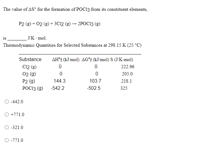 The value of AS° for the formation of POC13 from its constituent elements,
P2 (g) + 02 (g) + 3C12 (g) → 2POC13 (g)
is
J/K · mol.
Thermodynamic Quantities for Selected Substances at 298.15 K (25 °C)
Substance
AH°f (kJ/mol) AG°† (kJ/mol) S (J/K-mol)
C12 (g)
02 (g)
222.96
205.0
P2 (g)
144.3
103.7
218.1
РОС13 (9)
-542.2
-502.5
325
O -442.0
O +771.0
O -321.0
O -771.0
