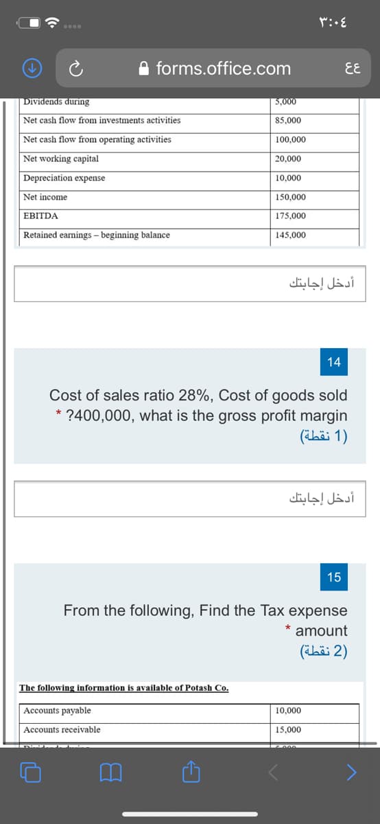 ....
e forms.office.com
EE
Dividends during
5,000
Net cash flowv from investments activities
85,000
Net cash flow from operating activities
100,000
Net working capital
20,000
Depreciation expense
10,000
Net income
150,000
EBITDA
175,000
Retained earnings – beginning balance
145,000
أدخل إجابتك
14
Cost of sales ratio 28%, Cost of goods sold
* ?400,000, what is the gross profit margin
)1 نقطة(
أدخل إجابتك
15
From the following, Find the Tax expense
* amount
)2 نقطة(
The following information is available of Potash Co.
Accounts payable
10,000
Accounts receivable
15,000
