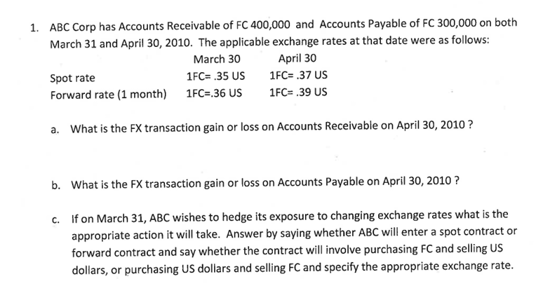 1. ABC Corp has Accounts Receivable of FC 400,000 and Accounts Payable of FC 300,000 on both
March 31 and April 30, 2010. The applicable exchange rates at that date were as follows:
March 30
April 30
1FC= .37 US
1FC=.35 US
1FC=.36 US
1FC= .39 US
Spot rate
Forward rate (1 month)
a. What is the FX transaction gain or loss on Accounts Receivable on April 30, 2010?
b. What is the FX transaction gain or loss on Accounts Payable on April 30, 2010?
c. If on March 31, ABC wishes to hedge its exposure to changing exchange rates what is the
appropriate action it will take. Answer by saying whether ABC will enter a spot contract or
forward contract and say whether the contract will involve purchasing FC and selling US
dollars, or purchasing US dollars and selling FC and specify the appropriate exchange rate.