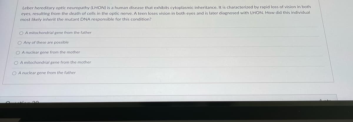 Leber hereditary optic neuropathy (LHON) is a human disease that exhibits cytoplasmic inheritance. It is characterized by rapid loss of vision in both
eyes, resulting from the death of cells in the optic nerve. A teen loses vision in both eyes and is later diagnosed with LHON. How did this individual
most likely inherit the mutant DNA responsible for this condition?
O A mitochondrial gene from the father
O Any of these are possible
O A nuclear gene from the mother
O A mitochondrial gene from the mother
O A nuclear gene from the father
