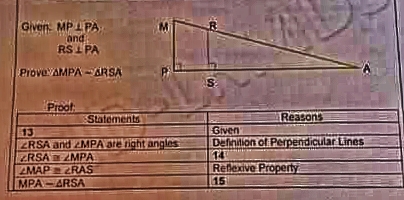 Given. MPLPA
ond
RS I PA
ProveYAMPA -ARSA
Proof
Statements
Reasons
13
ZRSA and MPA are right angles
ZRSAZMPA
MAPZRAS
MPA-ARSA
Given
Definition of Perpendicular Lines
14
Relexive Property
15
