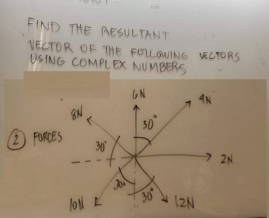 FIND THE RESULTANT
VECTOR OF THE FOLLOWING VECTORS
USING COMPLEX NUMBERS
(2) FORCES
8N
K
30
ION L
30%
GN
30
30°
12N
4N
72N