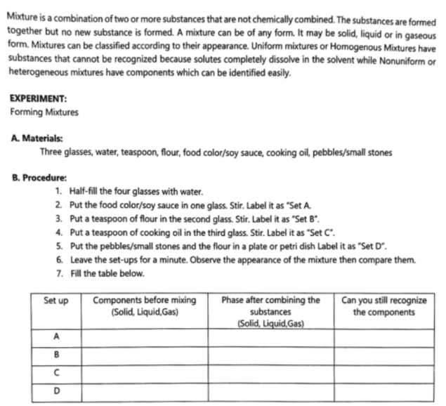 Mixture is a combination of two or more substances that are not chemically combined. The substances are formed
together but no new substance is formed. A mixture can be of any form. It may be solid, liquid or in gaseous
form. Mixtures can be classified according to their appearance. Uniform mixtures or Homogenous Mixtures have
substances that cannot be recognized because solutes completely dissolve in the solvent while Nonuniform or
heterogeneous mixtures have components which can be identified easily.
EXPERIMENT:
Forming Mixtures
A. Materials:
Three glasses, water, teaspoon, flour, food color/soy sauce, cooking oil, pebbles/small stones
B. Procedure:
1. Half-fill the four glasses with water.
2. Put the food color/soy sauce in one glass. Stir. Label it as "Set A.
3. Put a teaspoon of flour in the second glass. Stir. Label it as "Set B".
4. Put a teaspoon of cooking oil in the third glass. Stir. Label it as "Set C".
5. Put the pebbles/small stones and the flour in a plate or petri dish Label it as "Set D".
6. Leave the set-ups for a minute. Observe the appearance of the mixture then compare them.
7. Fill the table below.
Components before mixing
(Solid, Liquid,Gas)
Phase after combining the
substances
(Solid, Liquid,Gas)
Can you still recognize
the components
Set up
A.
D
B.
