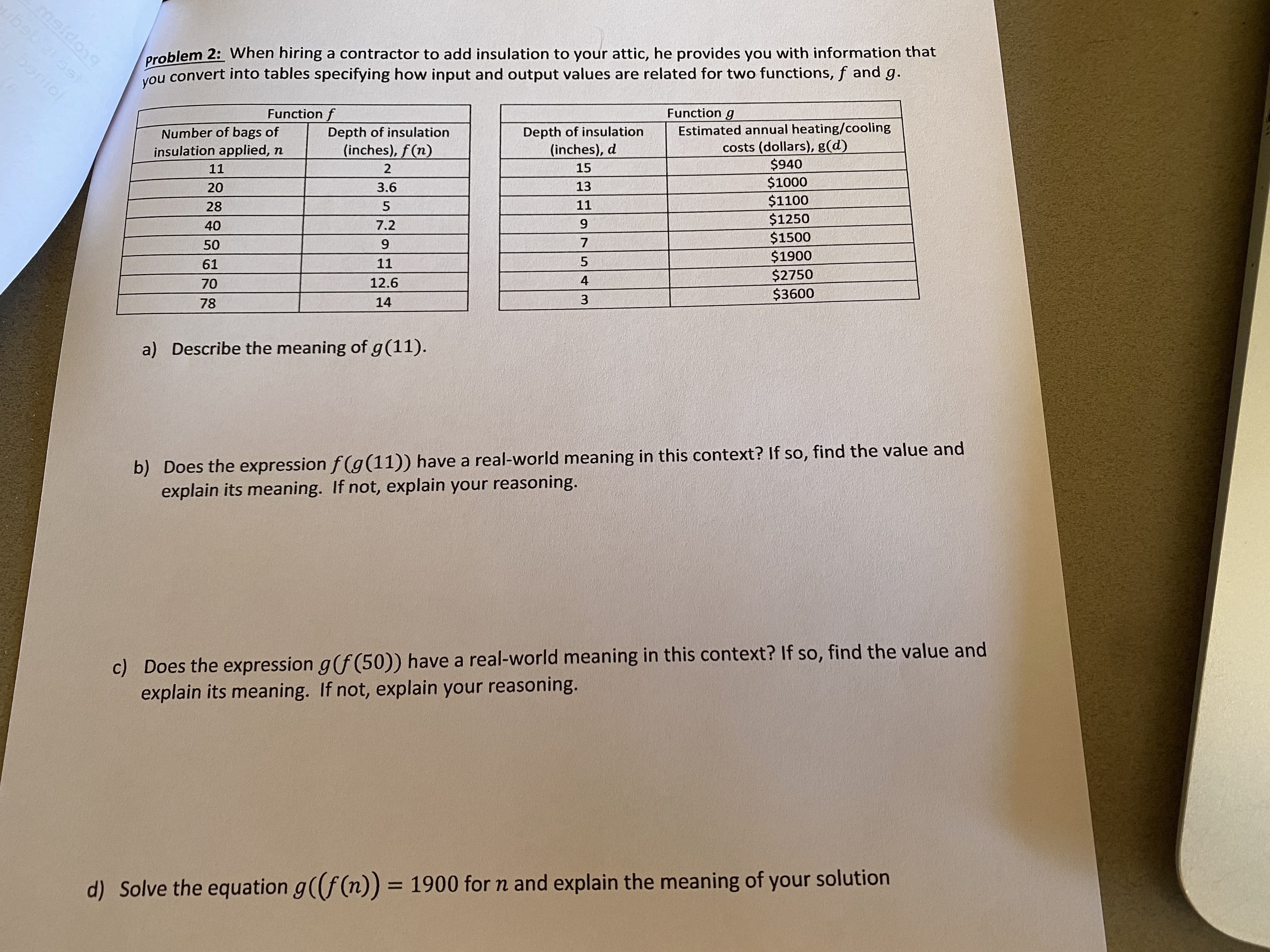 c) Does the expression g(f (50)) have a real-world meaning in this context? If so, find the value and
explain its meaning. If not, explain your reasoning.
d) Solve the equation g((f(n)) = 1900 for n and explain the meaning of your solution
%3D
