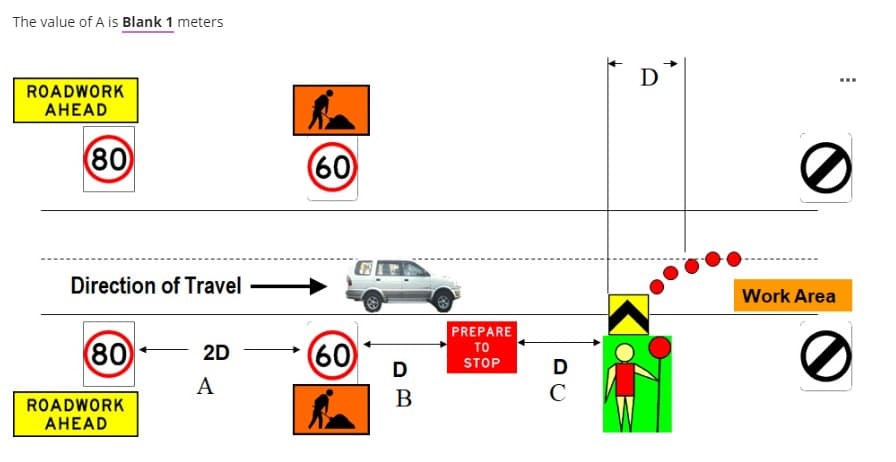 The value of A is Blank 1 meters
D
...
ROADWORK
AHEAD
80
60
Direction of Travel
Work Area
PREPARE
80
60
то
2D
D
STOP
D
A
B
C
ROADWORK
AHEAD
