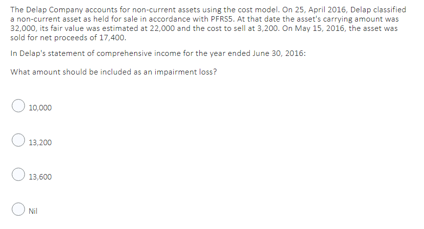 The Delap Company accounts for non-current assets using the cost model. On 25, April 2016, Delap classified
a non-current asset as held for sale in accordance with PFRS5. At that date the asset's carrying amount was
32,000, its fair value was estimated at 22,000 and the cost to sell at 3,200. On May 15, 2016, the asset was
sold for net proceeds of 17,400.
In Delap's statement of comprehensive income for the year ended June 30, 2016:
What amount should be included as an impairment loss?
O 10,000
13,200
13,600
Nil