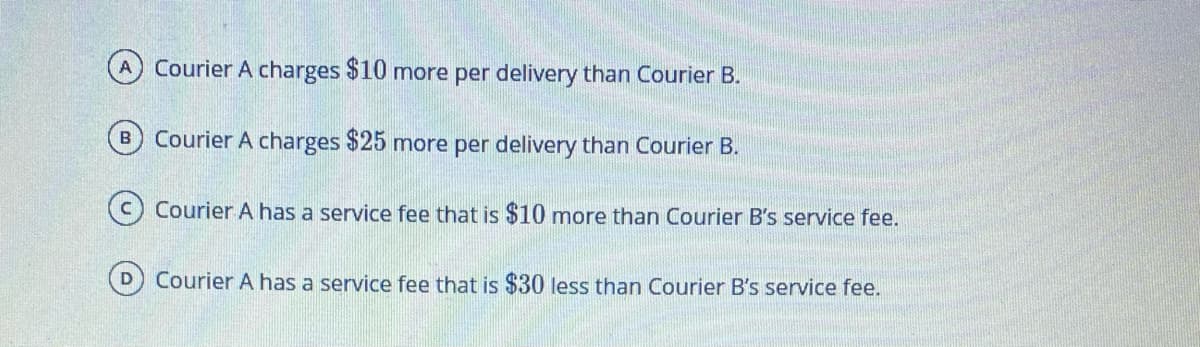 Courier A charges $10 more per delivery than Courier B.
B.
Courier A charges $25 more per delivery than Courier B.
Courier A has a service fee that is $10 more than Courier B's service fee.
Courier A has a service fee that is $30 less than Courier B's service fee.
