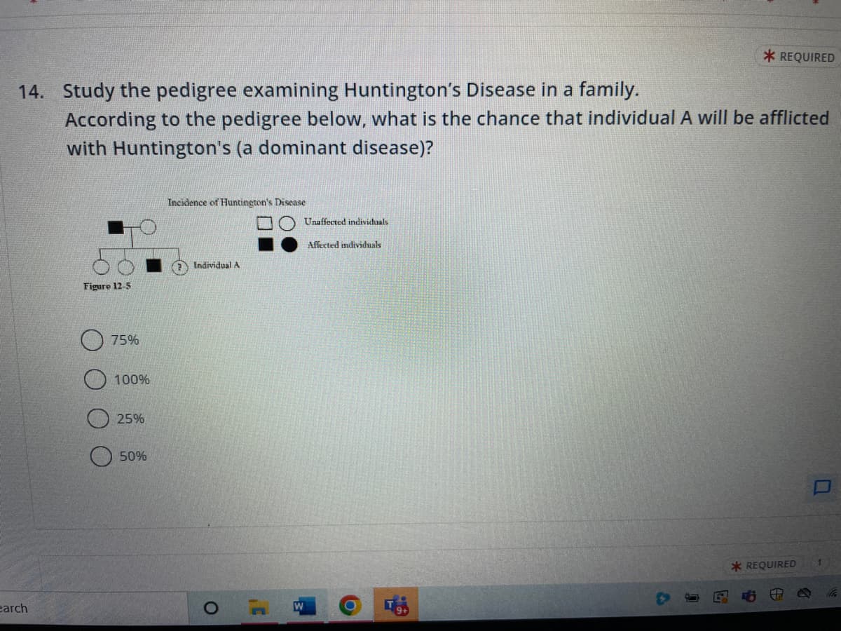 14. Study the pedigree examining Huntington's Disease in a family.
According to the pedigree below, what is the chance that individual A will be afflicted
with Huntington's (a dominant disease)?
earch
Figure 12-5
75%
100%
25%
50%
Incidence of Huntington's Disease
Individual A
O
C
W
Unaffected individuals
Affected individuals
* REQUIRED
*REQUIRED
a
Ha
D
1
116