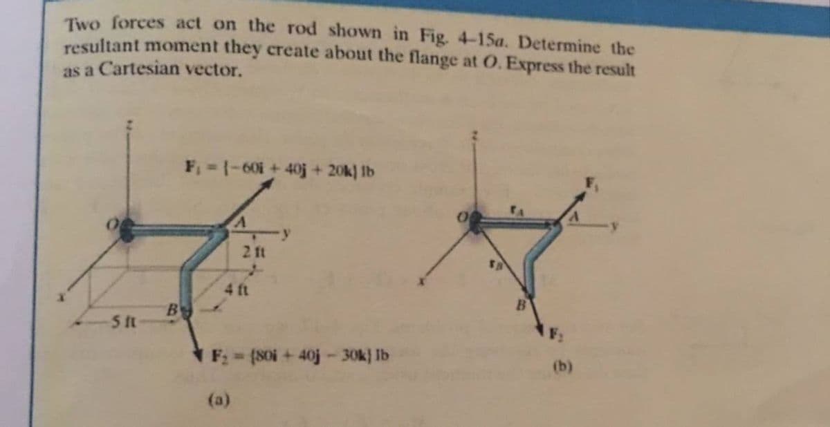 Two forces act on the rod shown in Fig. 4-15a. Determine the
resultant moment they create about the flange at O. Express the result
as a Cartesian vector.
F, =1-601 +40j + 20k) Ib
2 ft
4 ft
B
5 t
F; = (80i + 40j - 30k} lb
t.
(b)
(a)
