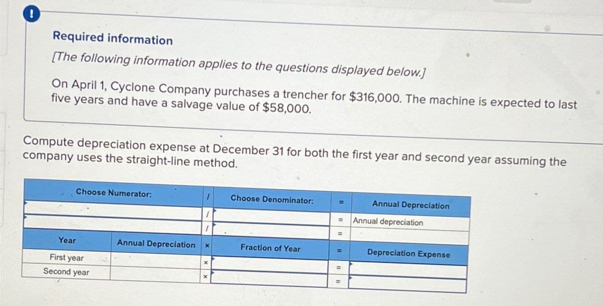 Required information
[The following information applies to the questions displayed below.]
On April 1, Cyclone Company purchases a trencher for $316,000. The machine is expected to last
five years and have a salvage value of $58,000.
Compute depreciation expense at December 31 for both the first year and second year assuming the
company uses the straight-line method.
Choose Numerator:
Year
Annual Depreciation
First year
Second year
×
x
Choose Denominator:
Annual Depreciation
Annual depreciation
=
Fraction of Year
=
Depreciation Expense