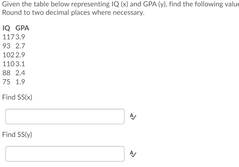 Given the table below representing IQ (x) and GPA (y), find the following value
Round to two decimal places where necessary.
IQ GPA
1173.9
93 2.7
102 2.9
1103.1
88 2.4
75 1.9
Find SS(x)
Find SS(y)
