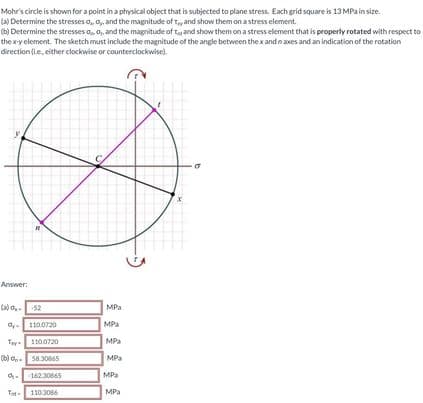 Mohr's circle is shown for a point in a physical object that is subjected to plane stress, Each grid square is 13 MPa in size.
(a) Determine the stresses o, 0, and the magnitude of t, and show them on a stress element.
(b) Determine the stresses a o, and the magnitude of Ta and show them on a stress element that is properly rotated with respect to
the xy element. The sketch must include the magnitude of the angle between the x andnaxes and an indication of the rotation
direction (ie, either clockwise or counterclockwise).
Answer:
(a) d.
MPa
dy. 110.0720
MPa
Ty 1100720
MPa
(b) C- s8.3065
MPa
16230865
MPa
Tat-
110.3086
MPa
