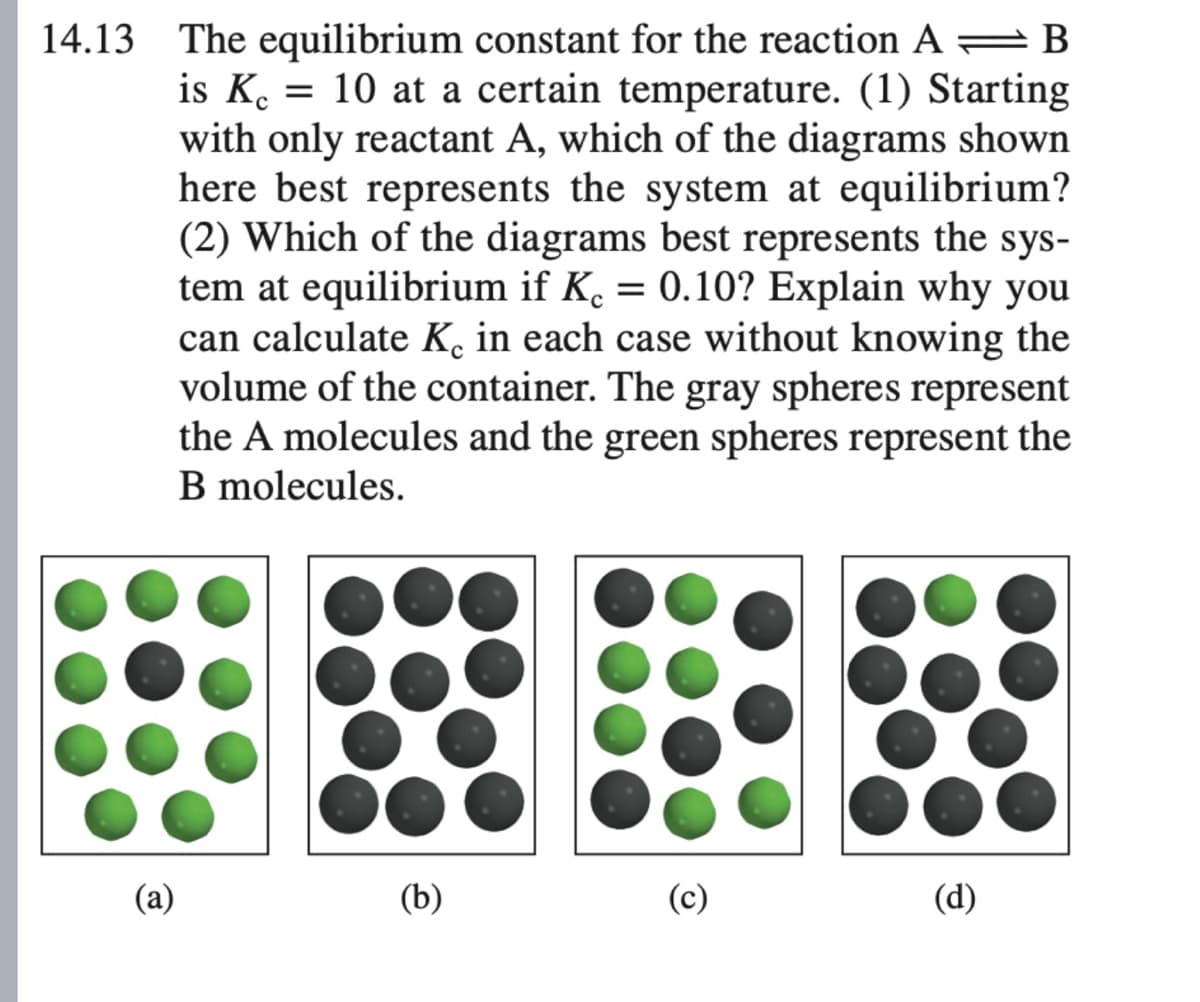 14.13 The equilibrium constant for the reaction A = B
is K. = 10 at a certain temperature. (1) Starting
with only reactant A, which of the diagrams shown
here best represents the system at equilibrium?
(2) Which of the diagrams best represents the sys-
tem at equilibrium if K. = 0.10? Explain why you
can calculate K̟ in each case without knowing the
volume of the container. The gray spheres represent
the A molecules and the green spheres represent the
B molecules.
(a)
(b)
(c)
(d)
