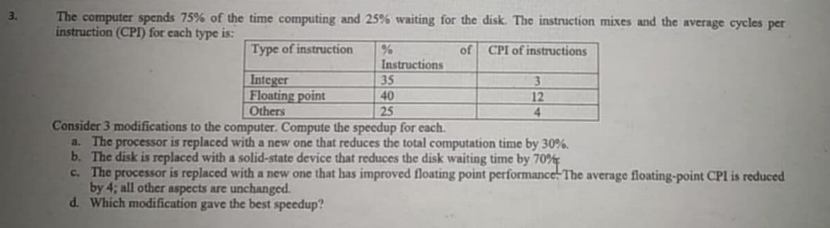 The computer spends 75% of the time computing and 25% waiting for the disk. The instruction mixes and the average cycles per
instruction (CPI) for each type is:
3.
Type of instruction
of
CPI of instructions
Instructions
Integer
Floating point
Others
35
3.
40
12
25
4
Consider 3 modifications to the computer. Compute the speedup for each.
a. The processor is replaced with a new one that reduces the total computation time by 30%.
b. The disk is replaced with a solid-state device that reduces the disk waiting time by 70%
c. The processor is replaced with a new one that has improved floating point performance The average floating-point CPI is reduced
by 4; all other aspects are unchanged.
d. Which modification gave the best speedup?
