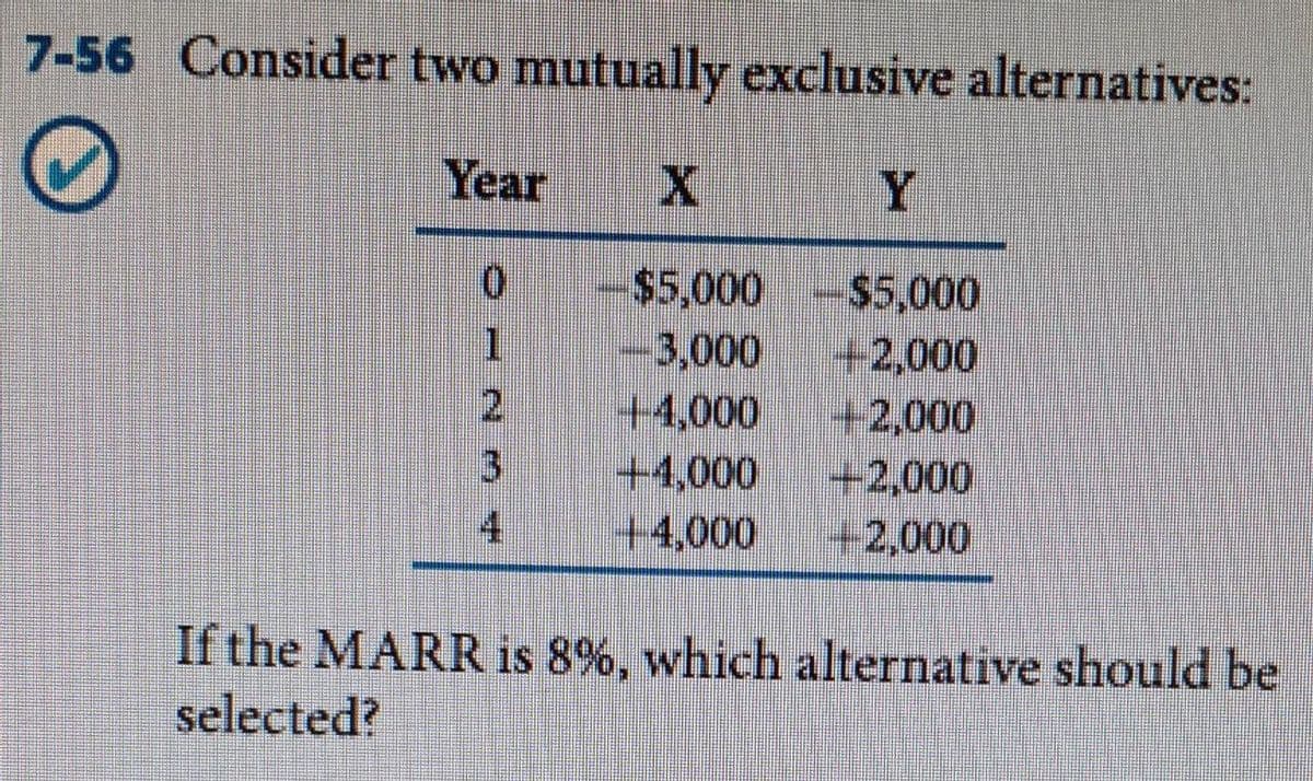 7-56 Consider two mutually exclusive alternatives:
Year
Y
0 -$5,000 -$5,000
-3,000
|-+2,000
+4,000
+2,000
+4,000 -2,000
+4,000 +2,000
If the MARR is 8%, which alternative should be
selected?
OANM+
2
3
4