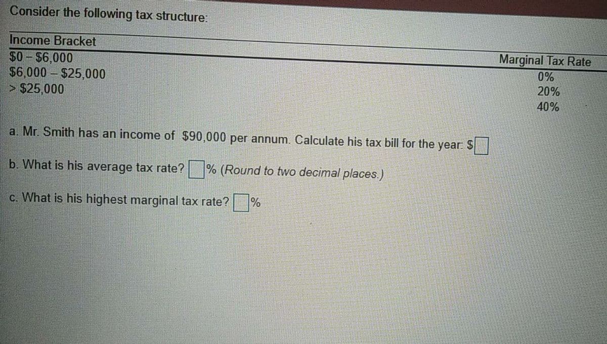 Consider the following tax structure:
Income Bracket
Marginal Tax Rate
0%
$0- $6,000
$6,000 $25,000
> $25,000
20%
40%
a. Mr. Smith has an income of $90,000 per annum. Calculate his tax bill for the year: $
b. What is his average tax rate?
% (Round to two decimal places.)
c. What is his highest marginal tax rate?
