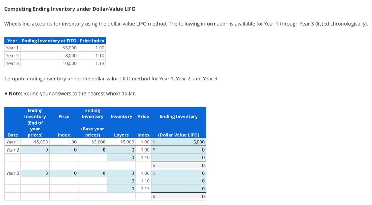 Computing Ending Inventory under Dollar-Value LIFO
Wheels Inc. accounts for inventory using the dollar-value LIFO method. The following information is available for Year 1 through Year 3 (listed chronologically).
Year Ending Inventory at FIFO Price Index
Year 1
$5,000
1.00
8,000
1.10
10,000
1.13
Year 2
Year 3
Compute ending inventory under the dollar-value LIFO method for Year 1, Year 2, and Year 3.
• Note: Round your answers to the nearest whole dollar.
Date
Year 1
Year 2
Year 3
Ending
Inventory
(End of
year
prices)
$5,000
0
0
Price
Index
1.00
0
0
Ending
Inventory Inventory Price Ending Inventory
(Base year
prices)
$5,000
0
0
Layers Index (Dollar Value LIFO)
$5,000
1.00 $
5,000
1.00 $
0
1.10
0
0
0
0
0
0
0
0
0
0
0
$
1.00 $
1.10
1.13
$