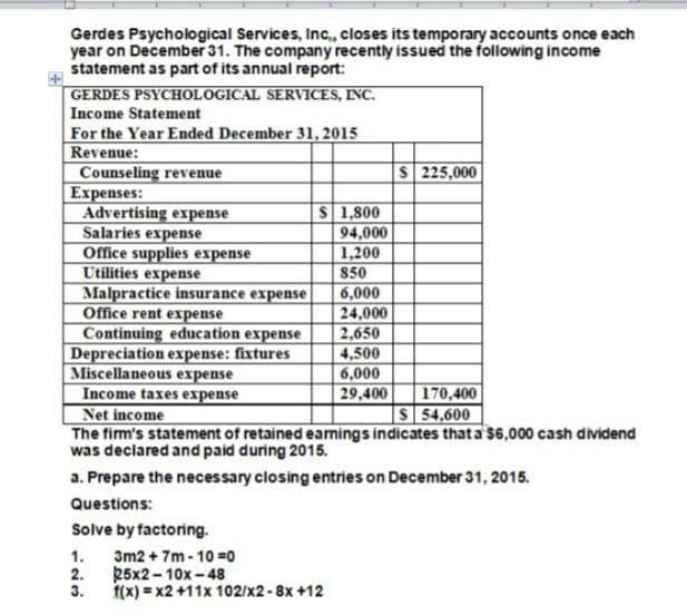 Gerdes Psychological Services, Inc., closes its temporary accounts once each
year on December 31. The company recently issued the following income
statement as part of its annual report:
GERDES PSYCHOLOGICAL SERVICES, INC.
Income Statement
For the Year Ended December 31, 2015
Revenue:
Counseling revenue
$225,000
Expenses:
Advertising expense
$1,800
Salaries expense
94,000
Office supplies expense
1,200
Utilities expense
850
Malpractice insurance expense
6,000
Office rent expense
24,000
Continuing education expense
2,650
Depreciation expense: fixtures
4,500
Miscellaneous expense
6,000
Income taxes expense
29,400 170,400
Net income
$ 54,600
The firm's statement of retained earnings indicates that a $6,000 cash dividend
was declared and paid during 2015.
a. Prepare the necessary closing entries on December 31, 2015.
Questions:
Solve by factoring.
1.
3m2+7m-10=0
2.
25x2-10x-48
3.
f(x) = x2 +11x 102/x2-8x+12