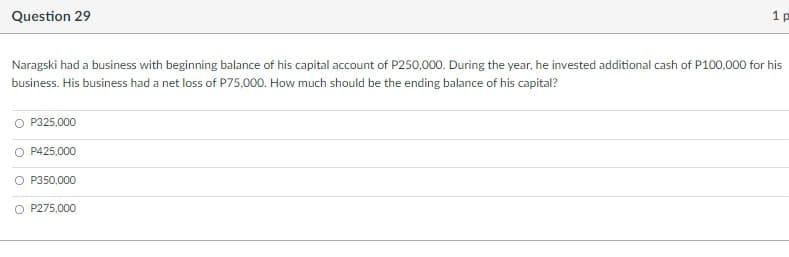 Question 29
1 p
Naragski had a business with beginning balance of his capital account of P250,000. During the year, he invested additional cash of P100,000 for his
business. His business had a net loss of P75,000. How much should be the ending balance of his capital?
P325.000
P425,000
P350,000
O P275,000
