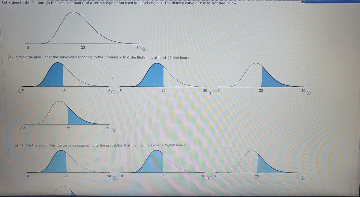 Let x denote the lifetime (in thousands of hours) of a certain type of fan used in diesel engines. The density curve of x is as pictured below.
50 @
25
(a) Shade the area under the curve corresponding to the probability that the lifetime is at least 25,000 hours.
25
50
50
25
50
24
26
50
0.
(b) Shade the area under the curve corresponding to the probability that the lifetime exceeds 25,000 hours.
50
25
50
24
50
25
