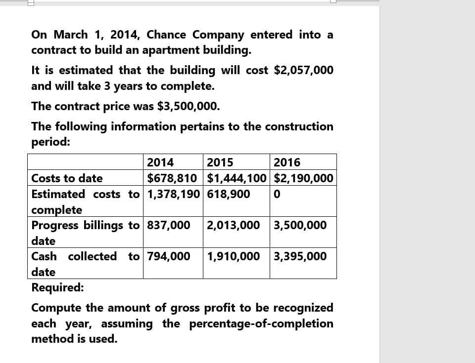 On March 1, 2014, Chance Company entered into a
contract to build an apartment building.
It is estimated that the building will cost $2,057,000
and will take 3 years to complete.
The contract price was $3,500,000.
The following information pertains to the construction
period:
Costs to date
2014
2015
2016
$678,810 $1,444,100 $2,190,000
0
Estimated costs to 1,378,190 618,900
complete
Progress billings to 837,000 2,013,000 3,500,000
date
Cash collected to 794,000 1,910,000 3,395,000
date
Required:
Compute the amount of gross profit to be recognized
each year, assuming the percentage-of-completion
method is used.