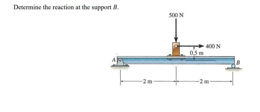 Determine the reaction at the support B.
500 N
400 N
0.5 m
B
2 m
2 m
