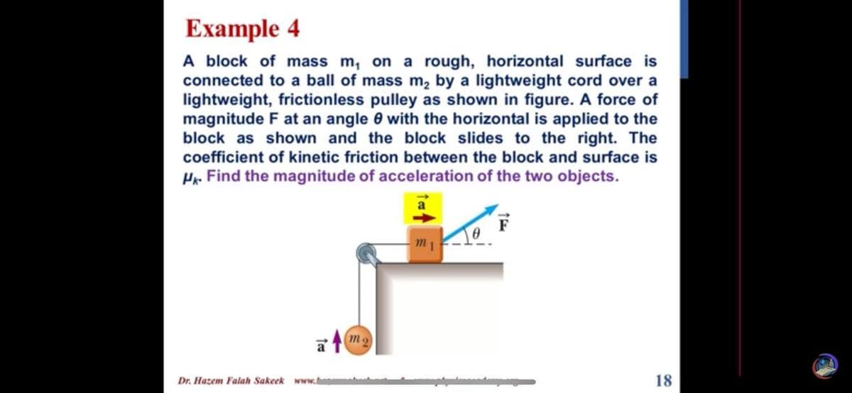 Example 4
A block of m
connected to a ball of mass m, by a lightweight cord over a
lightweight, frictionless pulley as shown in figure. A force of
magnitude F at an angle 0 with the horizontal is applied to the
block as shown and the block slides to the right. The
coefficient of kinetic friction between the block and surface is
nass m, on a rough, horizontal surface is
Hr. Find the magnitude of acceleration of the two objects.
a
m1
a
Dr. Hazem Falah Sakeek
18
www.
