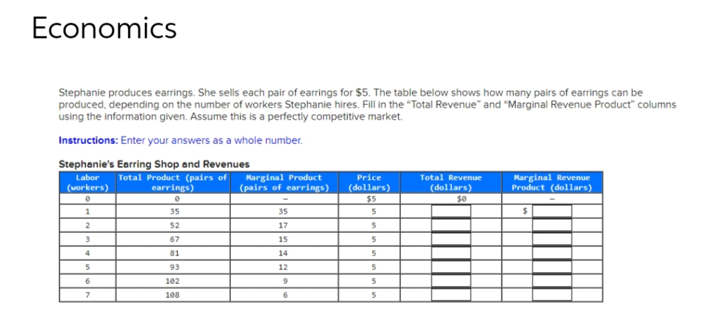 Economics
Stephanie produces earrings. She sells each pair of earrings for $5. The table below shows how many pairs of earrings can be
produced, depending on the number of workers Stephanie hires. Fill in the "Total Revenue" and "Marginal Revenue Product" columns
using the information given. Assume this is a perfectly competitive market.
Instructions: Enter your answers as a whole number.
Stephanie's Earring Shop and Revenues
Labor
Total Product (pairs of
earrings)
(workers)
0
0
1
2
3
4
5
6
7
35
52
67
81
93
102
108
Marginal Product
(pairs of earrings)
35
17
15
14
12
9
6
Price
(dollars)
$5
5
5
5
5
5
5
5
Total Revenue
(dollars)
$0
Marginal Revenue
Product (dollars)
$