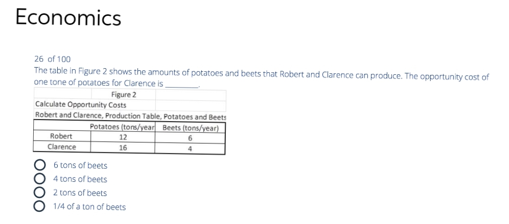 Economics
26 of 100
The table in Figure 2 shows the amounts of potatoes and beets that Robert and Clarence can produce. The opportunity cost of
one tone of potatoes for Clarence is
Figure 2
Calculate Opportunity Costs
Robert and Clarence, Production Table, Potatoes and Beets
Potatoes (tons/year Beets (tons/year)
OOOO
Robert
Clarence
12
16
6 tons of beets
4 tons of beets
2
tons of beets
1/4 of a ton of beets
6
4