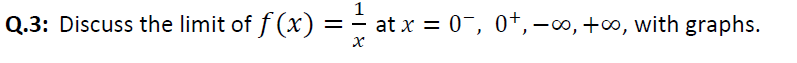 1
Q.3: Discuss the limit of f (x) :
at x = 0", 0*,-∞,+∞, with graphs.
