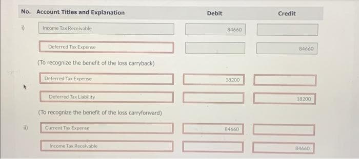 No. Account Titles and Explanation
Income Tax Receivable
i)
Deferred Tax Expense
(To recognize the benefit of the loss carryback)
Deferred Tax Expense
Deferred Tax Liability
(To recognize the benefit of the loss carryforward)
Current Tax Expense
Income Tax Receivable.
Debit
84660
18200
Credit
0000
0000
84660
84660
18200
84660