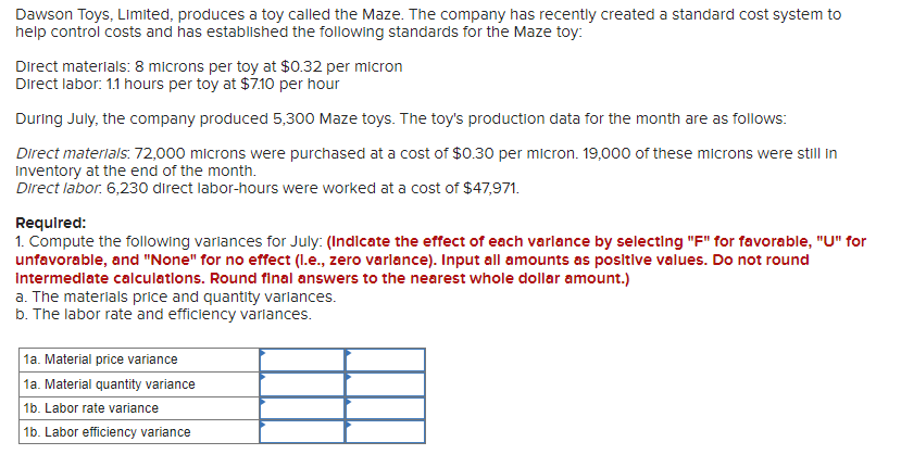 Dawson Toys, Limited, produces a toy called the Maze. The company has recently created a standard cost system to
help control costs and has established the following standards for the Maze toy:
Direct materials: 8 microns per toy at $0.32 per micron
Direct labor: 1.1 hours per toy at $7.10 per hour
During July, the company produced 5,300 Maze toys. The toy's production data for the month are as follows:
Direct materials: 72,000 microns were purchased at a cost of $0.30 per micron. 19,000 of these microns were still in
Inventory at the end of the month.
Direct labor. 6,230 direct labor-hours were worked at a cost of $47,971.
Required:
1. Compute the following variances for July: (Indicate the effect of each varlance by selecting "F" for favorable, "U" for
unfavorable, and "None" for no effect (l.e., zero varlance). Input all amounts as positive values. Do not round
Intermediate calculations. Round final answers to the nearest whole dollar amount.)
a. The materials price and quantity variances.
b. The labor rate and efficiency variances.
1a. Material price variance
1a. Material quantity variance
1b. Labor rate variance
1b. Labor efficiency variance