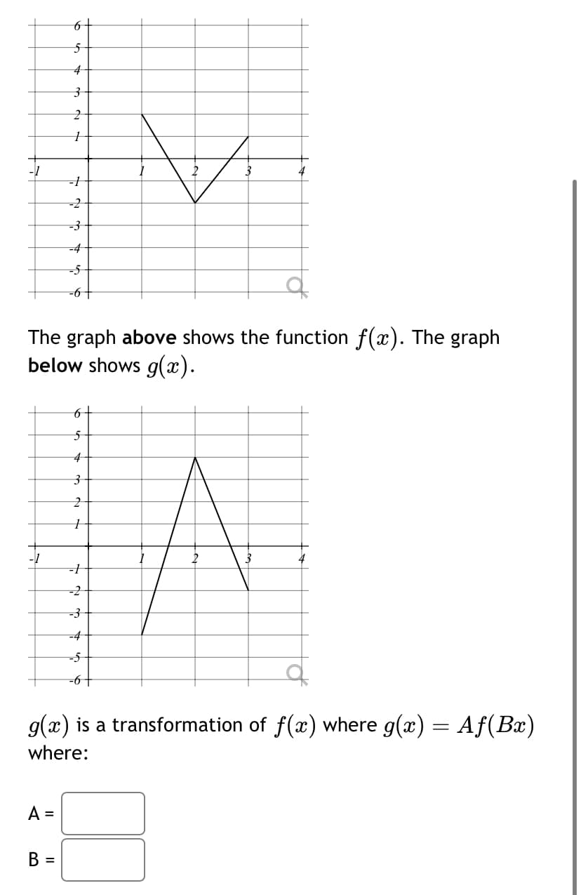 -1
5
4
A =
3
2
1
B =
-=-1
-3
-4
-5
-6 +
The graph above shows the function f(x). The graph
below shows g(x).
6+
5
4
3
2
+
V
-1
-2
-3
-4
-5
g(x) is a transformation of f(x) where g(x) = Aƒ(Bx)
where: