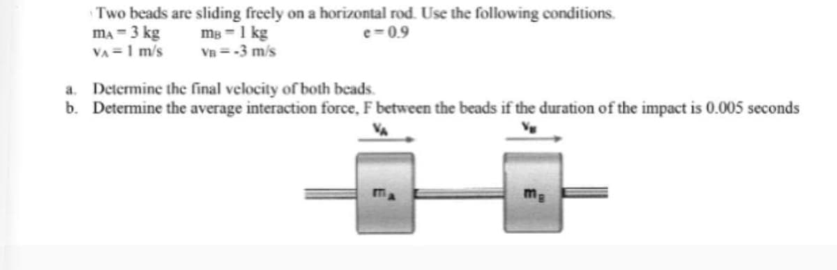 Two beads are sliding freely on a horizontal rod. Use the following conditions.
MA - 3 kg
mg = 1 kg
e=0.9
VA= 1 m/s
Vn=-3 m/s
a.
Determine the final velocity of both beads.
b. Determine the average interaction force, F between the beads if the duration of the impact is 0.005 seconds