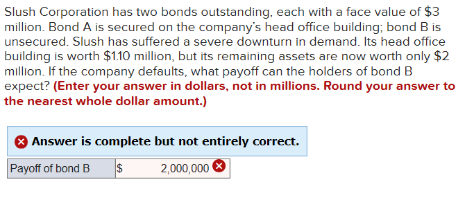 Slush Corporation has two bonds outstanding, each with a face value of $3
million. Bond A is secured on the company's head office building; bond B is
unsecured. Slush has suffered a severe downturn in demand. Its head office
building is worth $1.10 million, but its remaining assets are now worth only $2
million. If the company defaults, what payoff can the holders of bond B
expect? (Enter your answer in dollars, not in millions. Round your answer to
the nearest whole dollar amount.)
Answer is complete but not entirely correct.
Payoff of bond B $
2,000,000 X