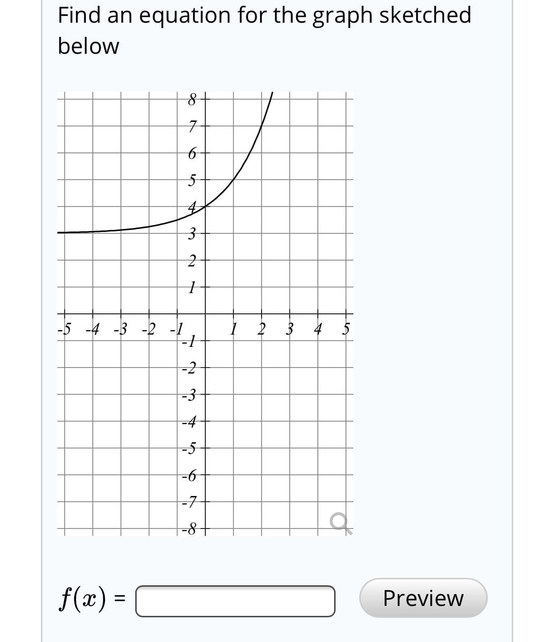 Find an equation for the graph sketched
below
-5 -4 -3 -2 -1
-2
-3
-4
-5
-7
f(x) =
Preview
