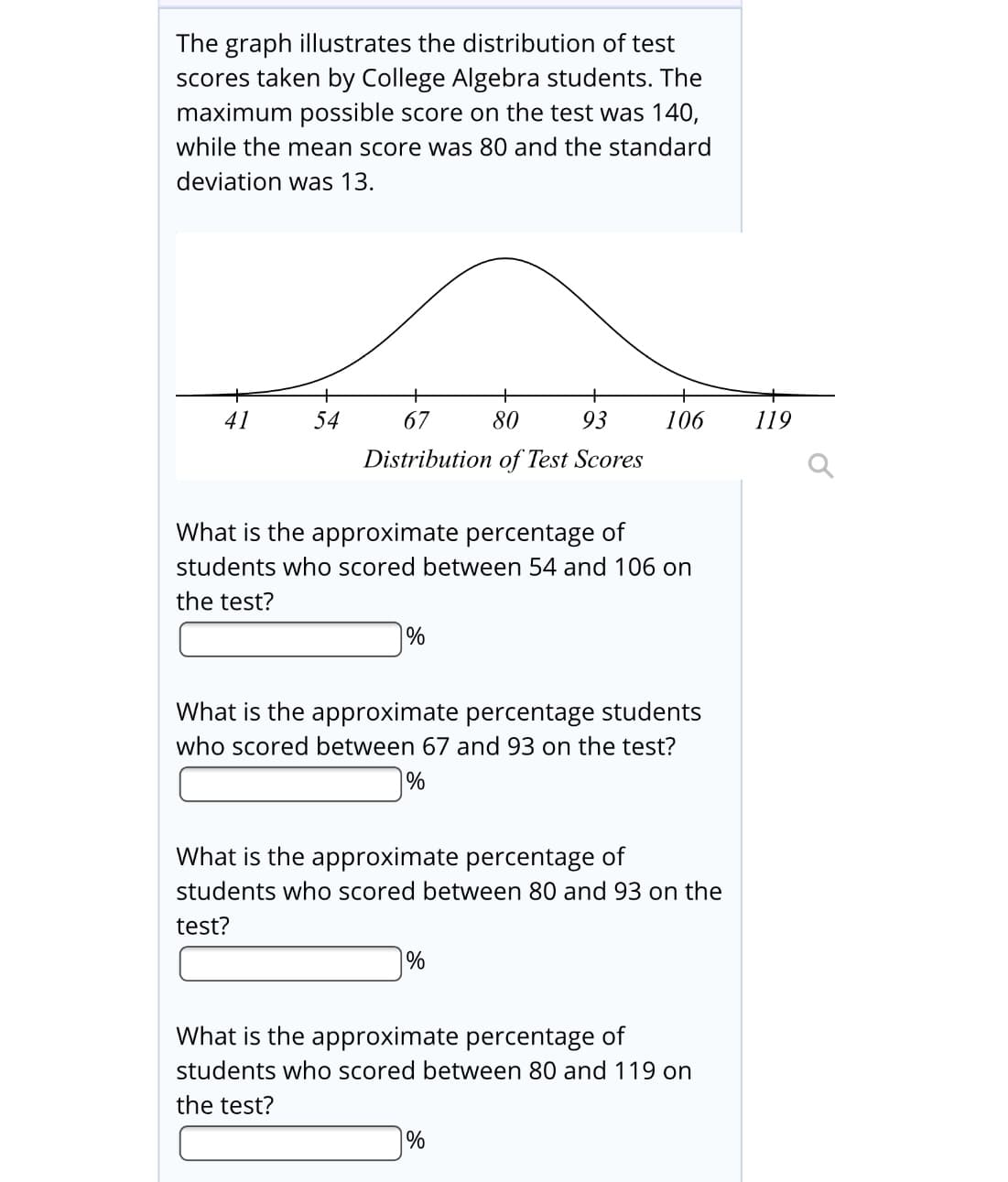 The graph illustrates the distribution of test
scores taken by College Algebra students. The
maximum possible score on the test was 140,
while the mean score was 80 and the standard
deviation was 13.
+
+
+
41
54
67
80
93
106
119
Distribution of Test Scores
What is the approximate percentage of
students who scored between 54 and 106 on
the test?
What is the approximate percentage students
who scored between 67 and 93 on the test?
%
What is the approximate percentage of
students who scored between 80 and 93 on the
test?
%
