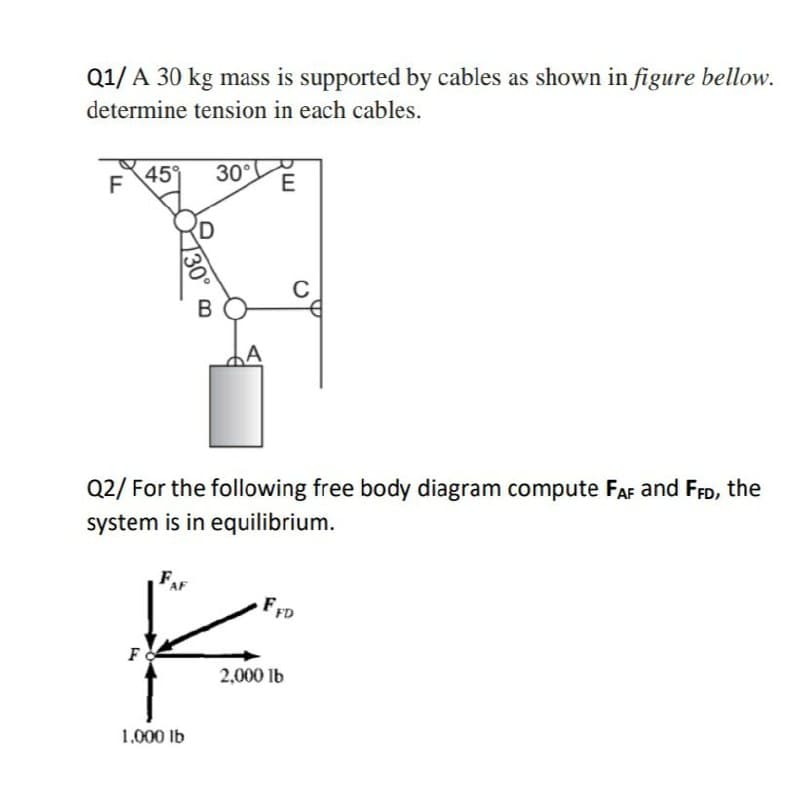 Q1/ A 30 kg mass is supported by cables as shown in figure bellow.
determine tension in each cables.
459
F
30°
E
В
Q2/ For the following free body diagram compute FAF and FFD, the
system is in equilibrium.
F.
FFD
F
2,000 lb
1.000 Ib
