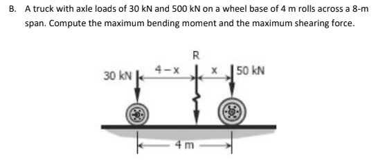 B. A truck with axle loads of 30 kN and 500 kN on a wheel base of 4 m rolls across a 8-m
span. Compute the maximum bending moment and the maximum shearing force.
R
4-x
50 kN
30 kN
4m
X