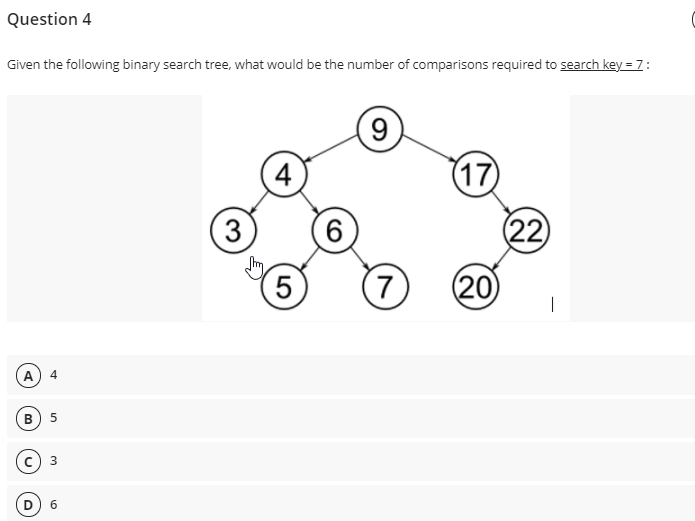 Question 4
Given the following binary search tree, what would be the number of comparisons required to search key = 7:
6.
(17
4
(3
(22)
5
7
(20
A
4
3.
