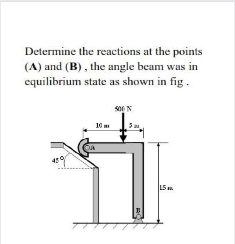 Determine the reactions at the points
(A) and (B), the angle beam was in
equilibrium state as shown in fig .
500 N
10 m
5 m
450
15 m
