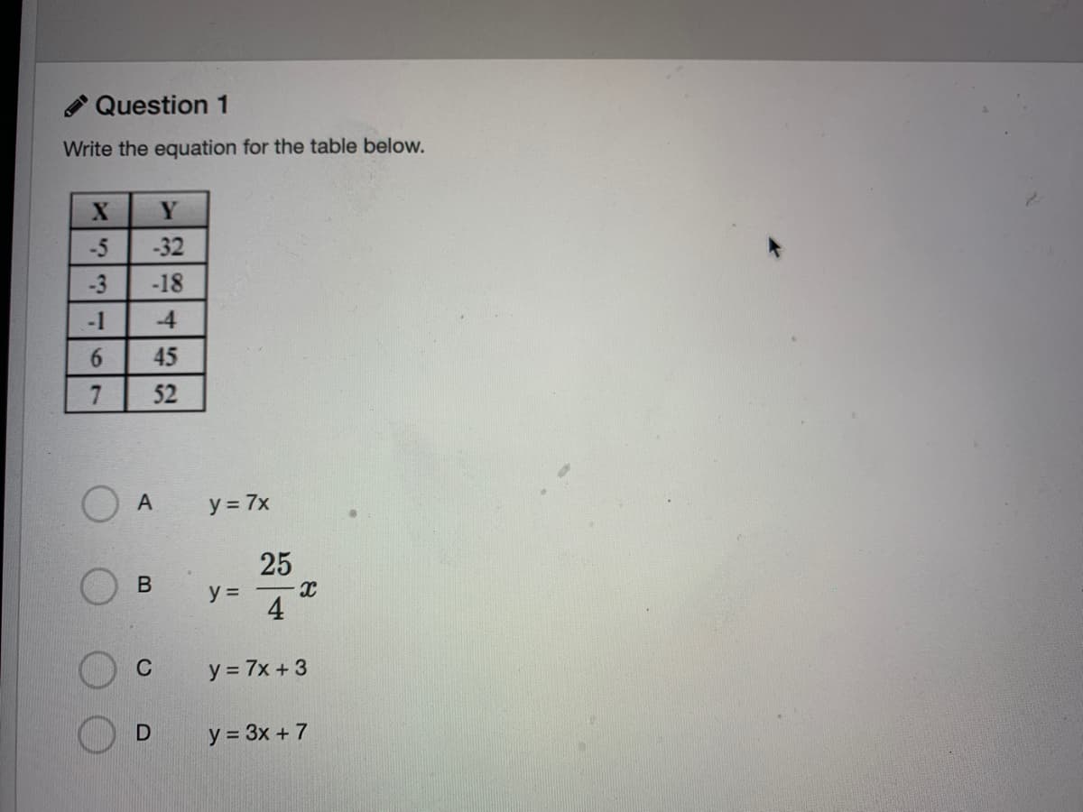 Question 1
Write the equation for the table below.
Y
-5
-32
-3
-18
-1
-4
45
52
y = 7x
25
y =
4
C
y = 7x + 3
y = 3x + 7
6
