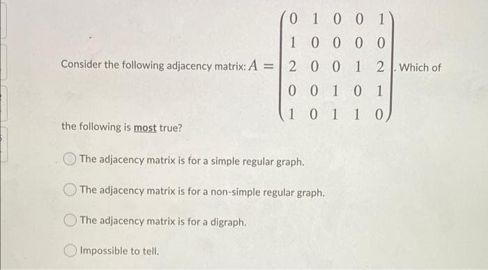 0 10 0 1
10000
Consider the following adjacency matrix: A =
2 00 1 2 Which of
0 0 1 0 1
101 10
the following is most true?
The adjacency matrix is for a simple regular graph.
The adjacency matrix is for a non-simple regular graph.
The adjacency matrix is for a digraph.
Impossible to tell.
