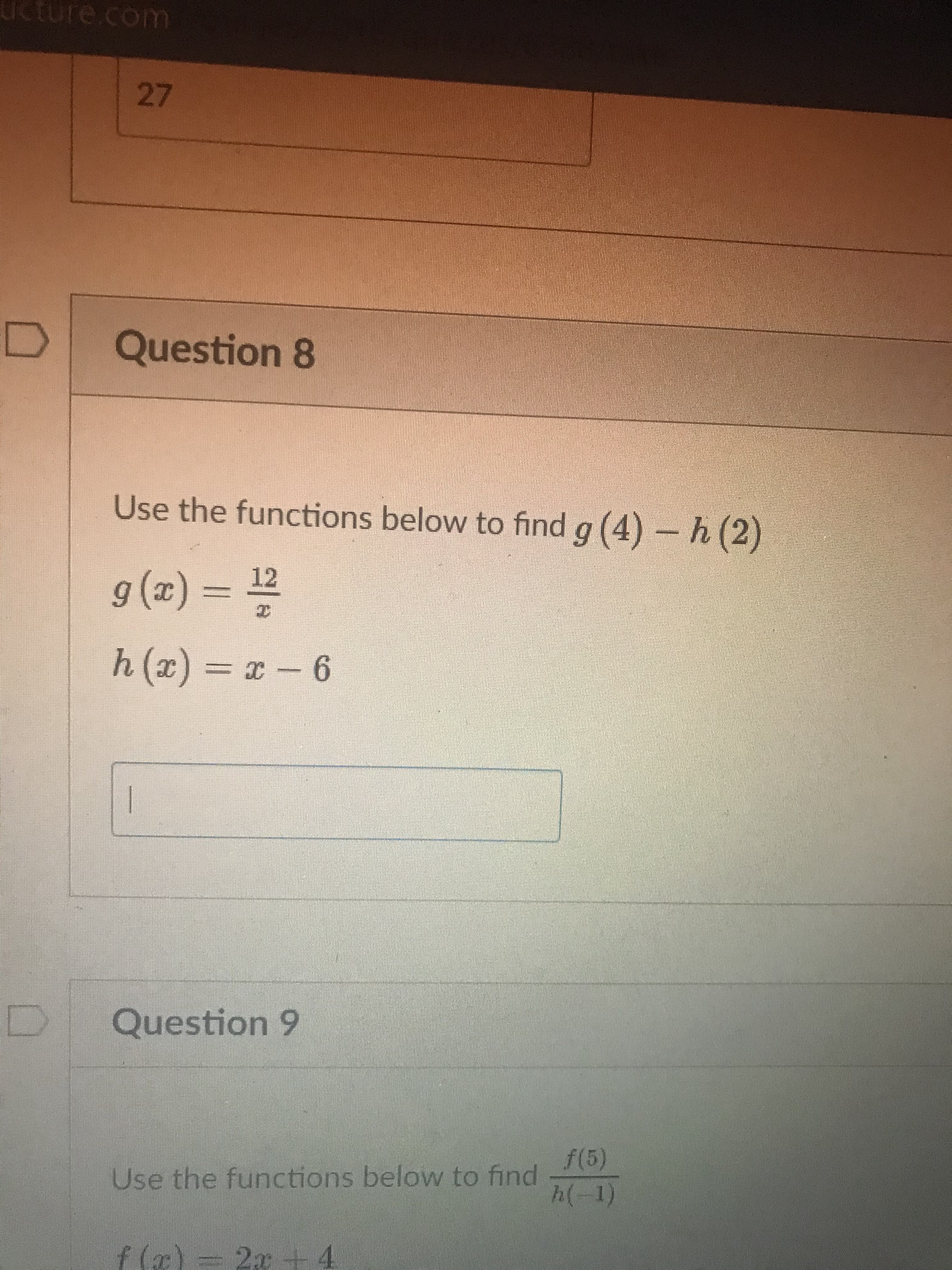 Use the functions below to find g (4) - h (2)
g (x) = =
12
%3D
h (x) = x - 6
