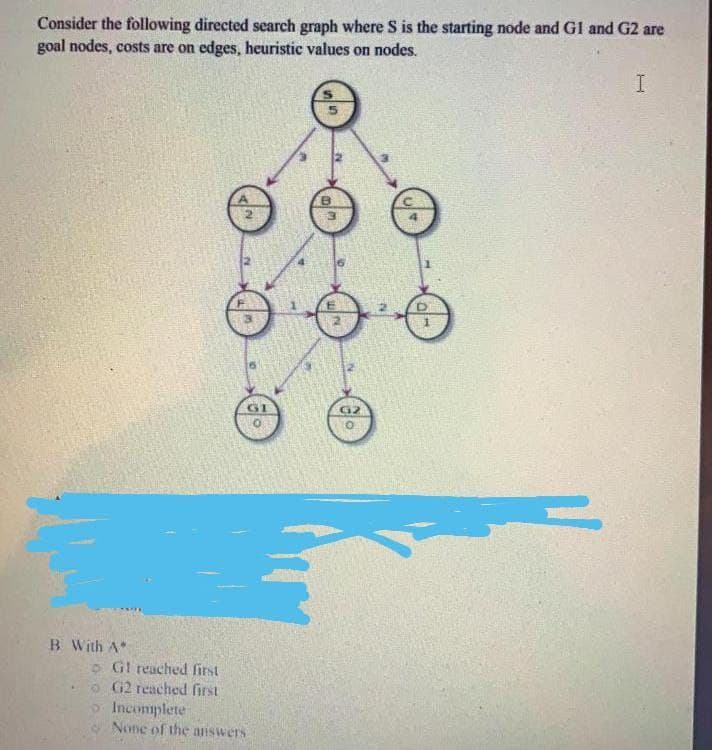 Consider the following directed search graph where S is the starting node and G1 and G2 are
goal nodes, costs are on edges, heuristic values on nodes.
GI
G2
B With A*
o Gl reached first
o G2 reached first
o Incomplete
None of the answers
