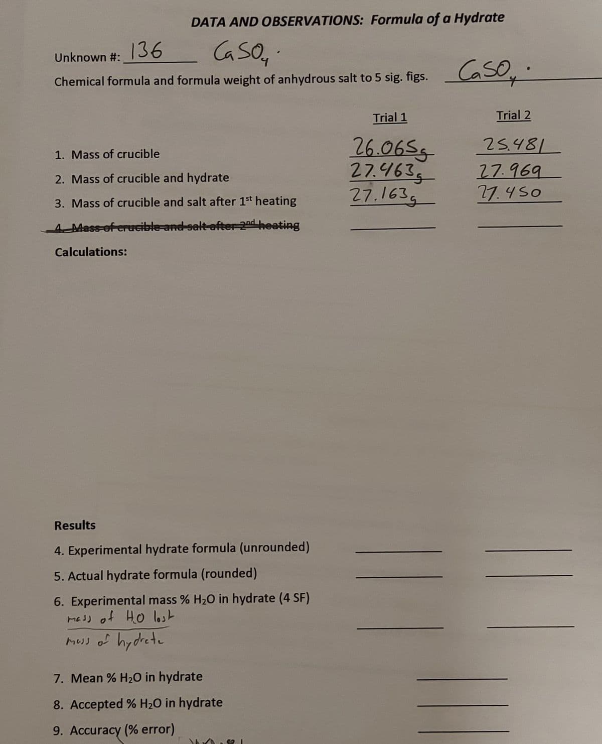 DATA AND OBSERVATIONS: Formula of a Hydrate
CaSO,
Unknown #: 36
CaSO, :
Chemical formula and formula weight of anhydrous salt to 5 sig. figs.
Trial 1
Trial 2
26.065g
27.463g
27.163,
25.481
1. Mass of crucible
27.969
27.450
2. Mass of crucible and hydrate
3. Mass of crucible and salt after 1st heating
4 Mass-of crucible and salt ofter 2nd heating
Calculations:
Results
4. Experimental hydrate formula (unrounded)
5. Actual hydrate formula (rounded)
6. Experimental mass % H2O in hydrate (4 SF)
meds of Ho lost
muss of hydrete
7. Mean % H20 in hydrate
8. Accepted % H2O in hydrate
9. Accuracy (% error)
